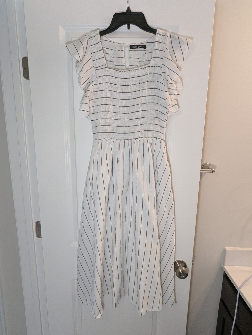 Simplee Women's White/Black Striped Midi Dress Ruffle Cap Sleeves, Size S